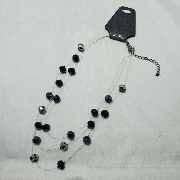 pewter ,silver beaded with silver chain 3 row illusion necklace - Picture 2 of 6